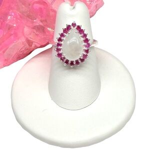 Rainbow Moonstone Ruby Halo Teardrop Ring Size 6 Solid 925 Sterling Silver